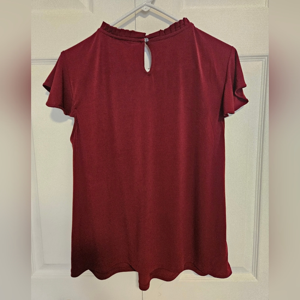 Calvin Klein Flutter Sleeev Ruffle Neck Women's Burgundy Women's Blouse Size XL - Picture 2 of 6